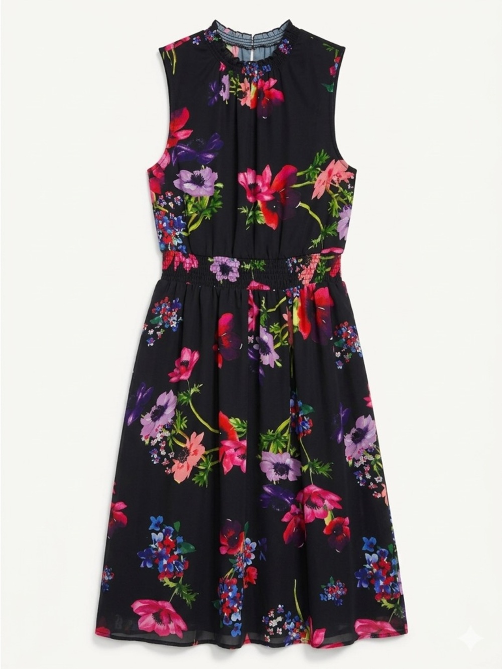 ModCloth Floral Fit & Flare Midi Dress Black Sleeveless Pockets Medium - Picture 4 of 9
